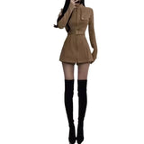 MQTIME  -  Suede Suit, Women's Autumn and Winter Waist Slim Fit, Hot Girl High-end Stand-up Collar Jacket, Thin Shorts Two-piece Set