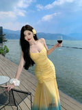MQTIME  -  Elegant Sexy Gradient Tie Dye Sheer Mesh Spaghetti Strap Bodycon Fishtail Dress Women Ruched Slim Fit Long Dress Vacation Outfit