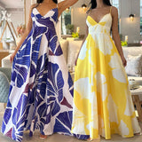 MQTIME  -  Print Sleeveless Casual Women Dress Sexy V Neck Straps Summer Beach Dresses Backless A-line Floor-Length Draped Robe
