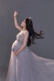  MQTIME  -  Silver Maternity Photography Dresses Sexy Sequin Beaded Dress Pregnant Women V Neck Sling Dress Baby Shower Maxi Dress