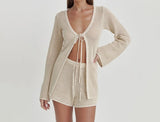 MQTIME  -  New Solid Color Hollow Lace Up Casual Loose Knitted Cardigan Women's Set Shorts