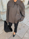 MQTIME  -  Women's Brown Plaid Print Stand Collar Asymmetric Button Front Jacket With Long Sleeves Casual Outerwear 2025 Autumn Lady Coat