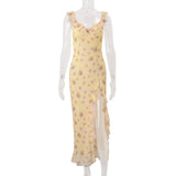  MQTIME  -  Summer Flower Print French Temperament Irregular Hem V Neck Sleeveless High Waist Dresses
