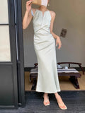 MQTIME  -  White Neck Hanging Dress New Women'S Satin Rope Fishtail Slit High-End Slim Fit Long Dress