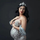 MQTIME  -  New Arrivals Elegant Shiny Rhinestones Off Shoulder Sexy Maternity Shoot Dress Sequin Fishtail Robe De Soiree