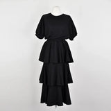 MQTIME  -  Korean Style Summer Women's Dress Lady Stretchy Tiered Dress for Travel Female Ruffled Hem Knitted Midi Dress Sweet Cake Dresses