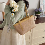  MQTIME  -  Women's Khaki Straw Weave Leather Patchwork Tote Bag Vacation Casual Aesthetic Beach Daily Shoulder Handbag Summer Trend