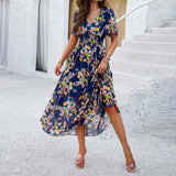 MQTIME  -  Women's Spring Summer Boho Dress Floral Printed Short Sleeved V Neck Dress Elegant Slim Waist Party Street Dress Womens