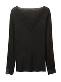  MQTIME  -  Slim Lace Patchwork Women's Top Sexy V-neck Long Sleeve Solid Female Pullovers Autumn Winter New Lady All-match T-shirts
