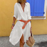 MQTIME  -  Women Simple Single-breasted Shirt Dress Fashion Long Sleeve Mid-Length Beach Summer Side Slit Sundress with Belt