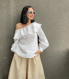  MQTIME  -  European and American Commuter Women's French Style White Cotton Ruffled Asymmetric Collar Shirt