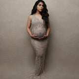 MQTIME  -  Sexy see-through Stretch Maternity Dress Photography Gown Shiny Goddess Rhinestones Pearls Luxurious Dress For Photo Shoot Props