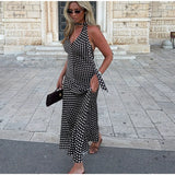 MQTIME  -  Polka Dot Halter Backless Long Dress Women Off Shoulder V-neck Scarf Sexy Sleeveless Dresses 2025 Summer Street Holiday Robe