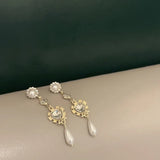 Mqtime Vintage Court Style Pearl Heart Crystal Earrings for Women Temperament Fashion Design Delicate Long Fringe Earrings Jewelry