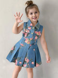 MQTIME  -  Girls Summer Denim Dress – Floral Print Collar & Belted A-Line Skirt, Korean Style Kids Fashion Princess Dress for Girls
