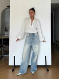 MQTIME  -  Blue Retro Washed Wide Leg Pants For Women, Simple And Loose High Waisted Straight Leg Denim Floor Mopping Pants