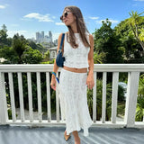  MQTIME  -  Casual Women's Skirt Set O-neck Sleeveless Top Long Skirts Female Lace Sets Summer Vacation Holiday Fashion Lady Outfit