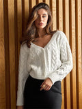 MQTIME  -  Fall Outfits 2024 White Knitwear Cardigan Coat Women's V-Neck Printed Hollow Out Loose Elegant Fashion Cropped Top Knit Long Sleeve Outwear