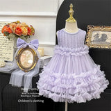 MQTIME  -  Girls' Mesh Dress New Princess Puffy Gown Kids Birthday Party Sleevless Tulle Vestidos Children Fashion Lace Clothing 2-10Y