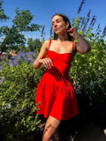 MQTIME  -  Fashion Red High Waist Pleated Mini Vestido Women Sleeveless Off Shoulder Low-cut Ruffle Chest Wrapped Slim Dress New Party Wear