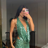 MQTIME  -  ﻿ Sexy Sequined Halter Vest Shorts Sets Women Crop Hang Neck Backless Tops Hip Package Short Pants 2025 Summer Lady Beach Outfits