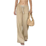  MQTIME  -  Japanese Style Drawstring Low Waist Casual Pants Women Loose Fit Solid Color Retro Straight Leg