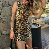 MQTIME  -  Women Leopard Print Sexy Mini Dress 2024 Summer Fashion Holiday Party Skirt Vintage Sleeveless Zipper Folds Slim Mini Dress