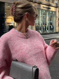 MQTIME  -  Casual Pink Women Cashmere Knitted Sweater Drop Shoulder Round Neck Knit Pullover New Autumn Lady Loose Fit Long Sleeve Jumper