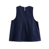 MQTIME  -  2024 Summer New Product Women's Style Loose Fit Round Neck Sleeveless Solid Wood Ear Edge Denim Top