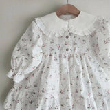  MQTIME  -  Autumn New Girls Long Sleeve Floral Dress Cotton Baby Girl Lace Peter Pan Collar Princess Dress Children Casual Dress