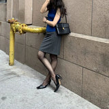 MQTIME  -  Women Gray Vertical Stripe Pencil Skirts High Waist Vintage Slim Knee Length Autumn Elegant Office Business Bodycon Midi Skirts
