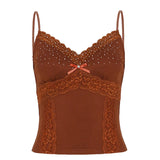 MQTIME  -  French Temperament V Neck Spaghetti Strap Sleeveless Slim Lace Patchwork Camis