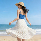MQTIME  -   spring/summer skirt hooked cut-out sequin cotton slimming skirt niche concept embroidered mid-length model