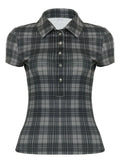 MQTIME  -  American Vintage Plaid Print Turn Down Collar Short Sleeve Slim Single Breasted Basic Women Shirt