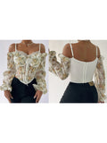 MQTIME  -  Floral Print Lace Trim Cold Shoulder Corset Top with Long Sleeves - Stylish Clubwear for Women s Street Style Fashion
