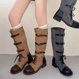 MQTIME  -  Vintage Multi‑Buckle Straps Combat Boots Women Shoes Military Knee‑High Boots Washed Canvas Motorcycle Boots