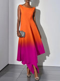 MQTIME  -  2025 Sumer Gradient Color Dress for Women Boat Neck Sleeveless A-line Pleated Midi Dress Elegant Evening Dresses