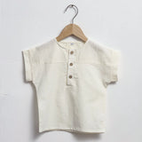  MQTIME  -  Children's Cotton Linen Striped Short-Sleeved T-Shirt Summer New Boys And Girls Round Neck Buttons Daily Casual Tops