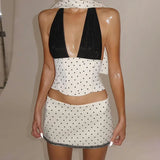 MQTIME  -  Summer Fashion White Patchwork Deep V-wave Dot Top Irregular High Waisted Skirt Set Women's Clothing
