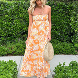 MQTIME  -  Women Casual Strapless Dress Summer Boho Floral Print Tie up Backless Long A-Line Dress for Party Beach Streetwear