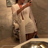 MQTIME  -  White Deep V Irregular Slim Banquet Dress Fashion Long Sleeved Pleated Bridesmaid Dress Elegant High Waist Autumn Women's Dress