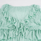  MQTIME  -  Y2k Sweet Solid Bandage Ruffles Neck Lace-up Patchwork Irregular Design Short Cardigan
