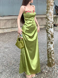 MQTIME  -  Sexy Designer Summer Green Satin Holiday Long Dress French Women Spaghetti Strap Embroidery Flower Backless Slim Robe 2025