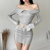 MQTIME -  Autumn New Off Shoulder Solid Color Long-Sleeved Top Zipper Fashion Girls High-Waist Elastic Short Skirt Preppy Style