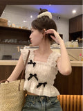 MQTIME  -  Sweet French Ear Edge Sleeveless Chiffon Shirt for Women's Spring 2024 New Square Neck Bow Slimming Top Short