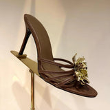 MQTIME  -  Metal Flower Cool Slippers Women's  New French Thin Strap Open Toe Empty Stiletto Sandals