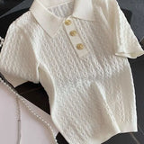 MQTIME  -  Women Ice Silk Polo Shirts Summer Thin Jacquard Knitted Short Sleeve T-shirts Female Lapel Button Tees Casual Pullover Tops