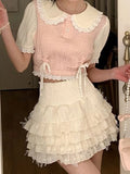 MQTIME  -  French Temperament Sweet Peter Pan Collar Short Sleeve Lace-up Knitted Short T-Shirts