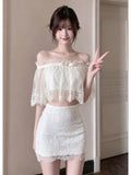 MQTIME  -  French Coquette Sexy 2 Piece Set Women Off Shoulder Lace Crop Top Bow High Waist Bodycon Mini Skirt Slim Fit Dress Elegant Party