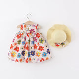 MQTIME  -  2Piece Summer Kids Dresses For Girls Korean Fashion Flowers Print Chiffon Sleeveless Cotton Toddler Dress+Hat Baby Clothes B035